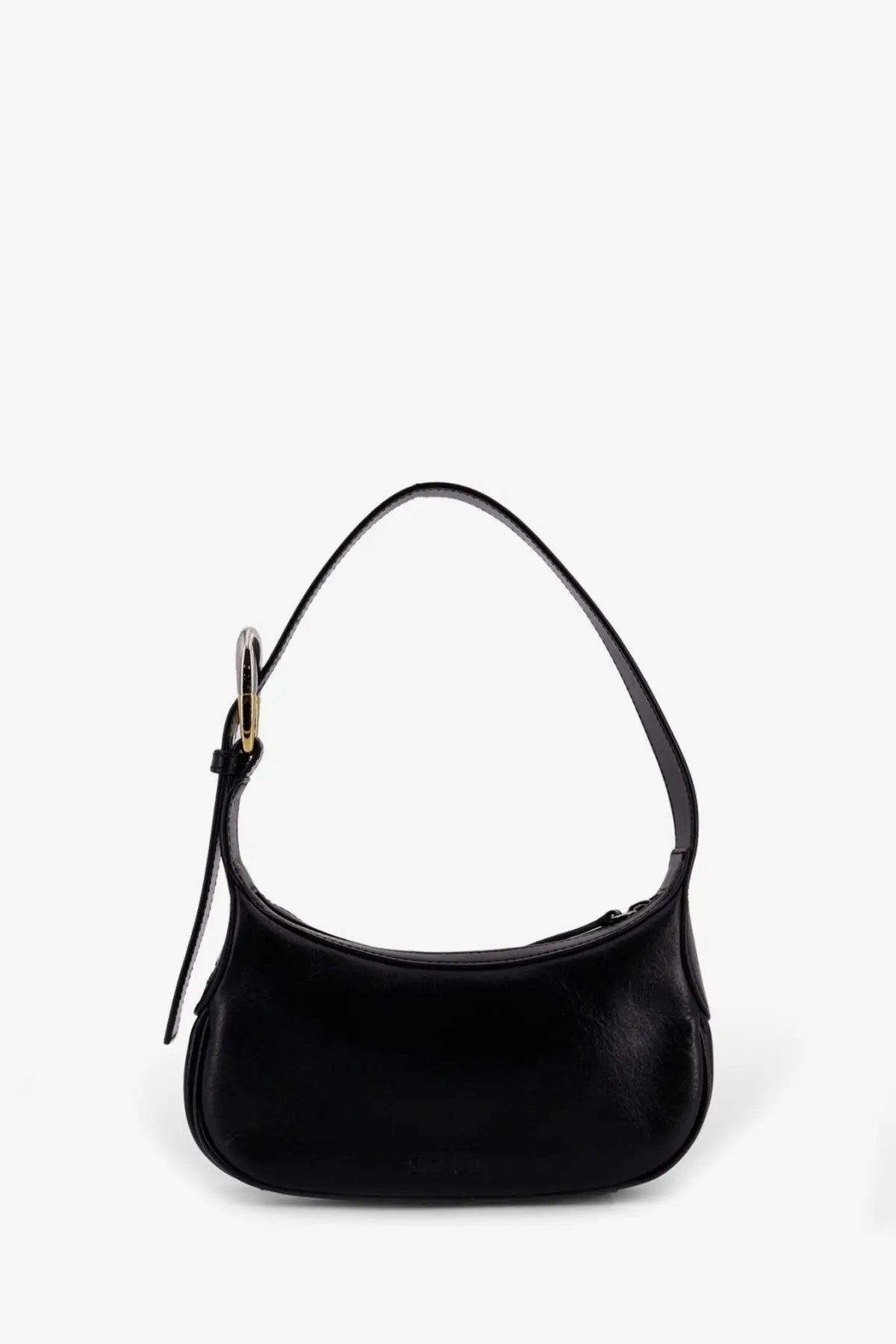 Staud women’s black leather shoulder bag with sleek minimalist design and gold-tone ring hardware