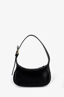 Staud women’s black leather shoulder bag with sleek minimalist design and gold-tone ring hardware