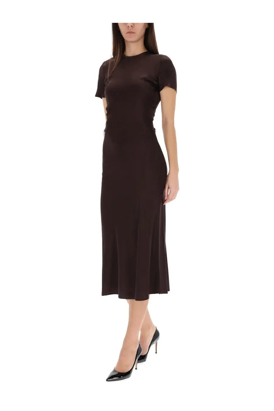 A sleek dark brown sleeved fitted midi dress by Staud perfect for stylish casual or formal wear