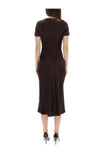 A sleek dark brown fitted midi dress with short sleeves from Staud womens Marcel collection