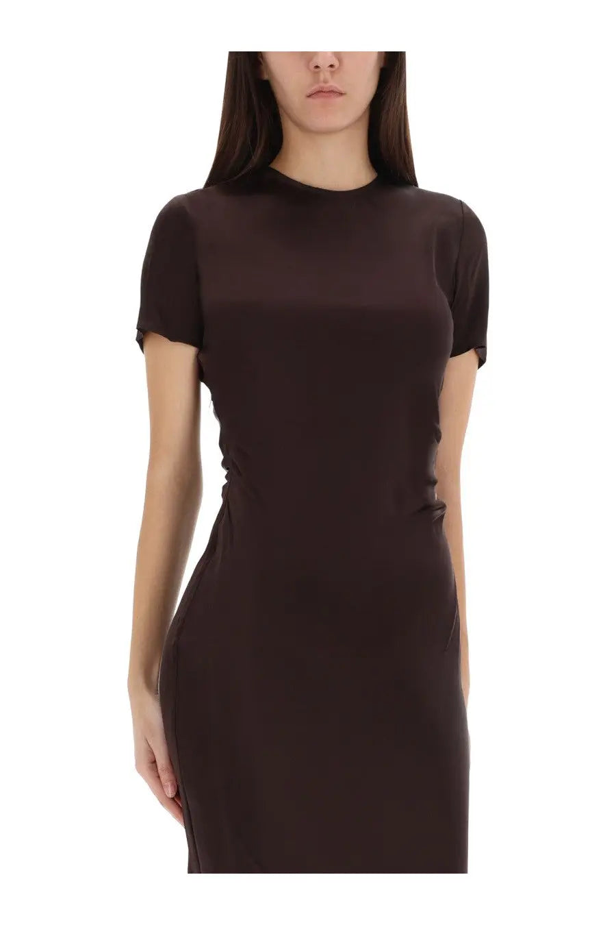 A sleek dark brown satin Staud women’s Marcel midi dress with short sleeves and a high neckline
