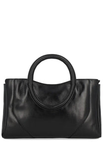 Black leather tote bag with circular handle from Staud womens Maude mini satchel bag collection in black