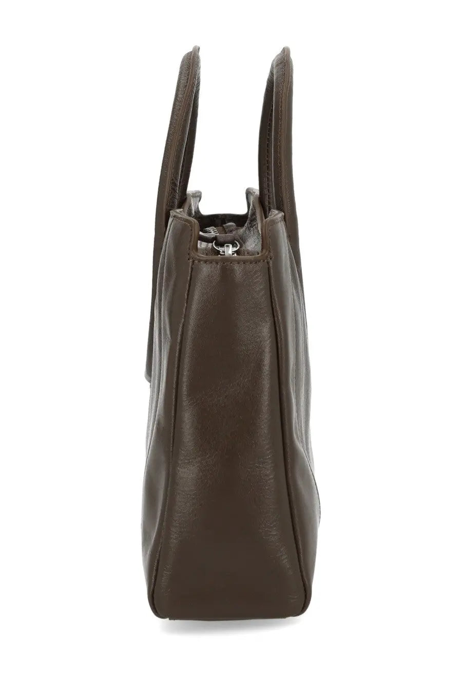 Staud women’s maude mini satchel bag is a sleek dark brown leather tote with structured handles and silver zipper closure