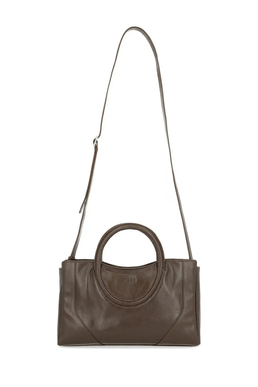 Staud women’s Maude mini satchel bag brown sleek dark brown leather tote bag with minimalist design and circular top handles