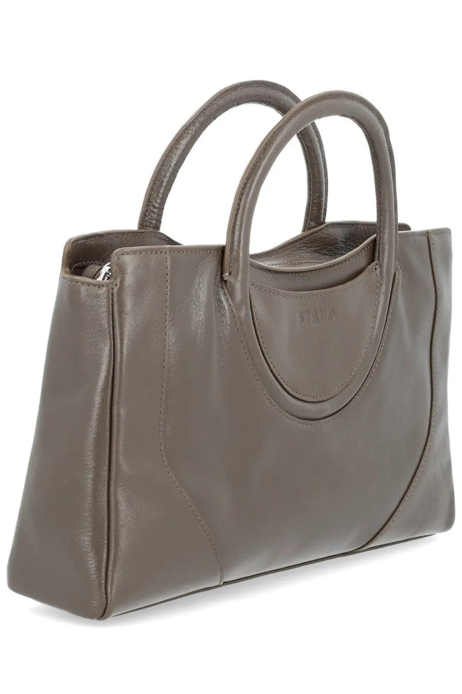 Staud women’s maude mini satchel bag in brown taupe leather with rounded top handles and minimalist design