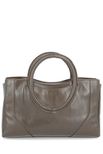 A sleek taupe leather tote bag with rounded top handles and minimalist design from Staud women’s Maude mini satchel bag brown