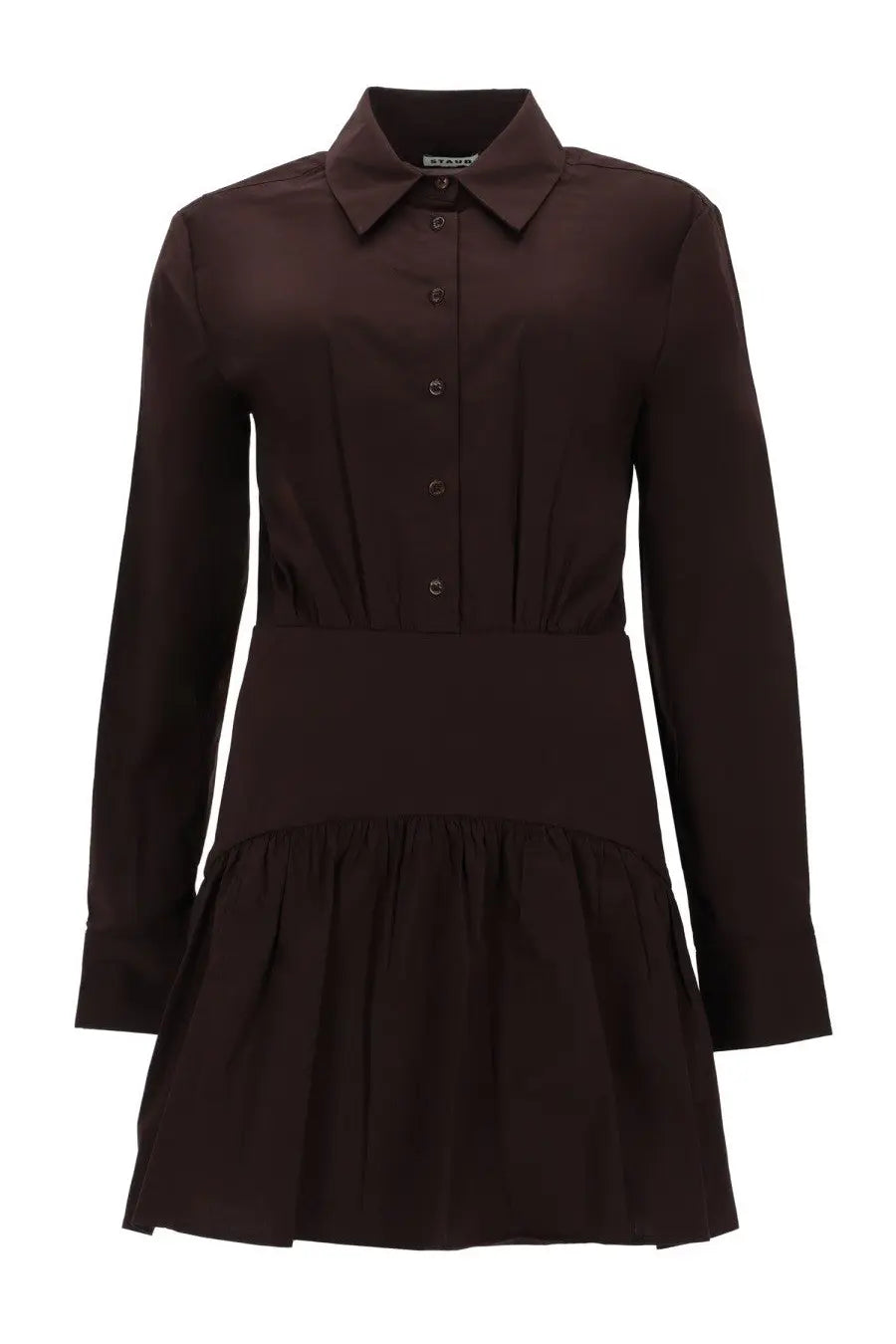 Staud women’s mini abito Rocco brown button-down dress with tailored collar and flared skirt in dark brown