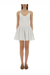 Staud women’s white mini dress dena with sleeveless spaghetti straps and a flared skirt in lightweight fabric