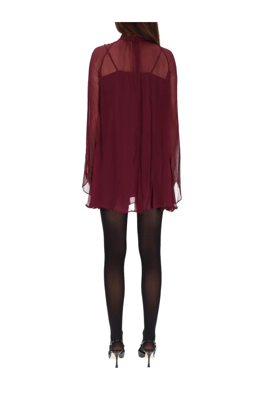 Staud women’s mini dress esther red flowing deep burgundy chiffon with sheer long sleeves and high neckline