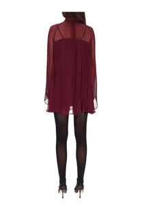 Staud women’s mini dress esther red flowing deep burgundy chiffon with sheer long sleeves and high neckline