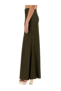 Olive green staud women’s odin skirt featuring a high-waisted wide-leg design with a sleek front slit