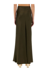 A sleek olive-green satin high-waist wide-leg maxi skirt from Staud womens odin collection