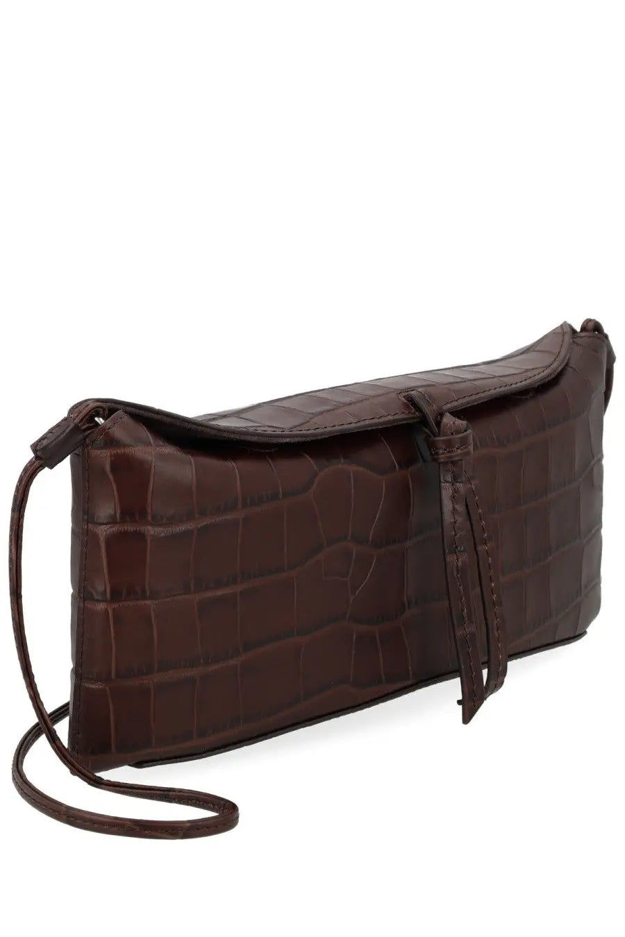 Dark brown crocodile-embossed leather clutch with detachable shoulder strap and tassel detail from Staud Women’s Pochette Eve Brown