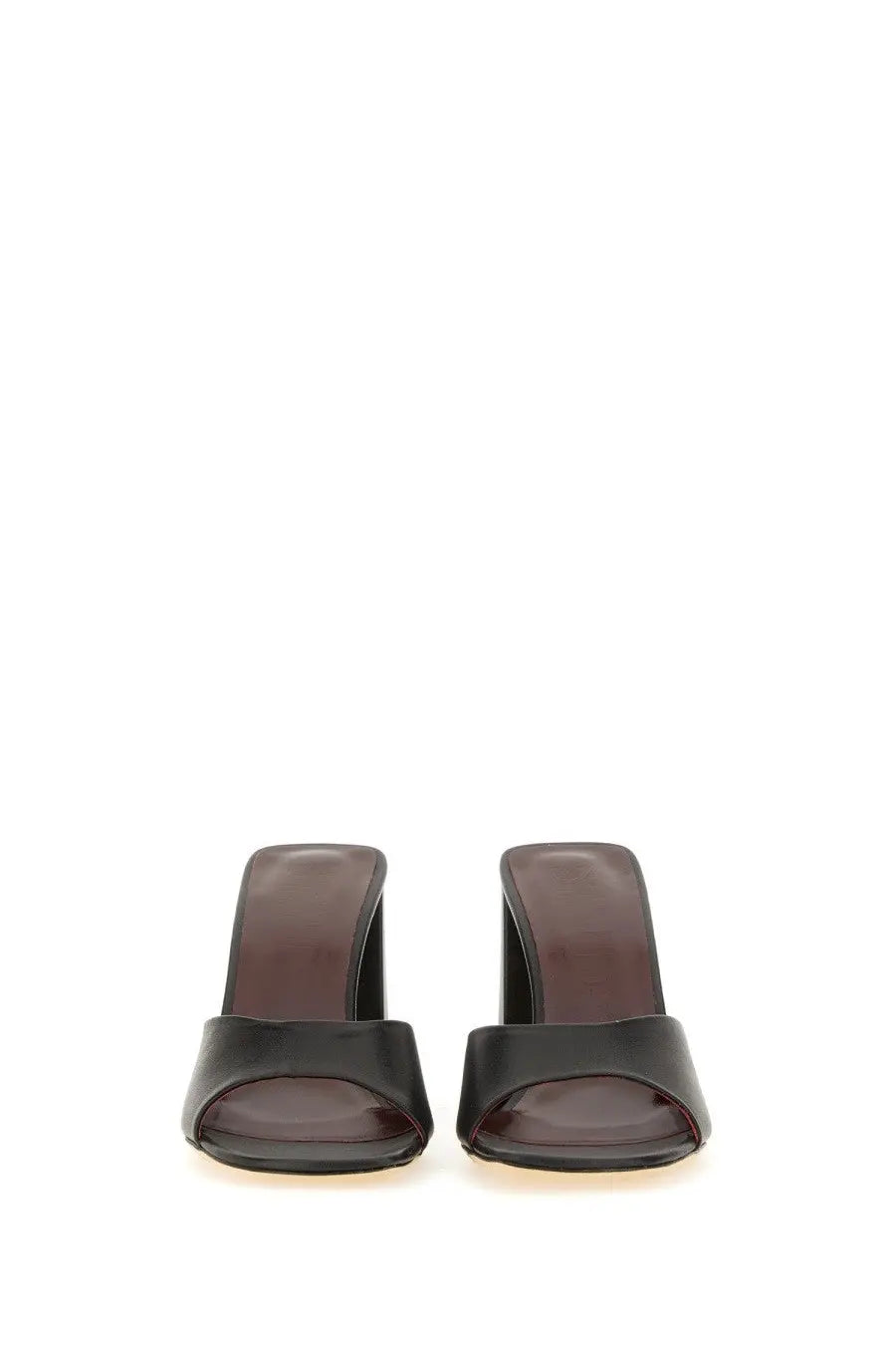 Black leather mule sandals with glossy finish and block heel by Staud in black for women