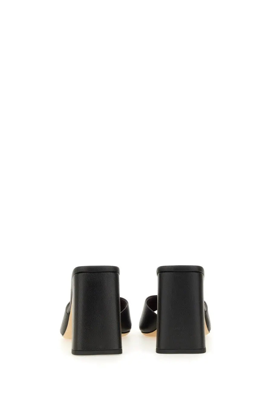Staud women’s black leather sandal sloane with block heel and minimalist mule design shown from the back side