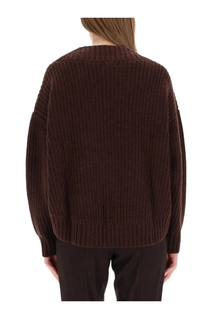 Staud women’s sweater eight brown is a cozy chocolate brown ribbed knit sweater with a relaxed fit and long sleeves