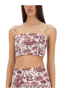 Staud women’s tank top federico red white and burgundy tropical print crop top with thin spaghetti straps