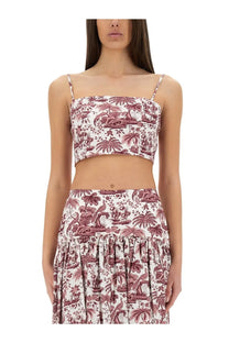 Staud women’s tank top federico red featuring a white and burgundy tropical print crop top with thin spaghetti straps