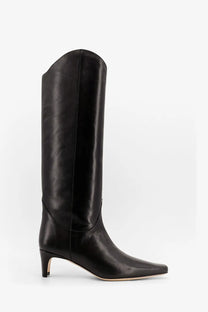 Black leather knee-high western boot with pointed toe and low heel by Staud womens western Wally boot black