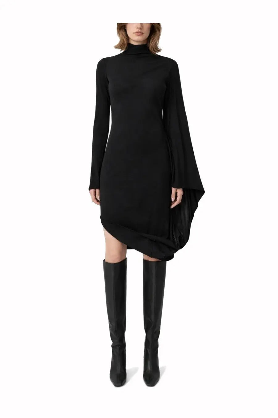 Stella McCartney women’s black asymmetrical dress with high neck long flowing cape sleeves and asymmetrical hemline