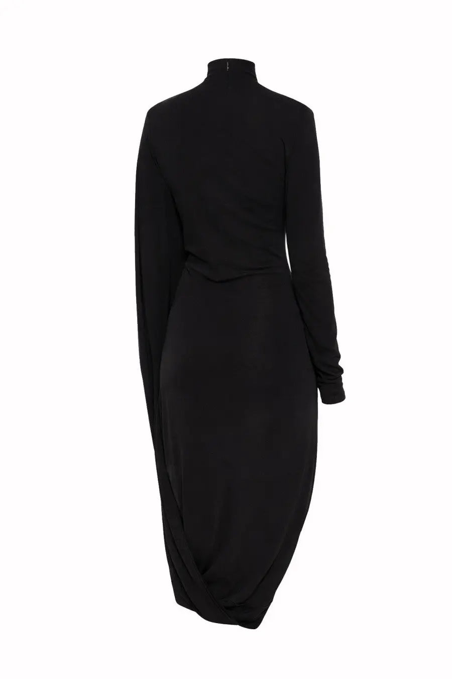 Stella McCartney women’s black long-sleeved high-neck dress with draped waist and flowing asymmetrical silhouette