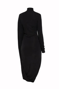 Stella McCartney women’s black long-sleeved high-neck dress with draped waist and flowing asymmetrical silhouette