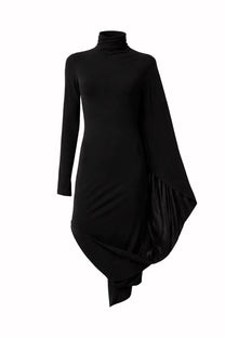 Stella McCartney women’s black asymmetrical turtleneck dress with one long sleeve and flowing draped panel