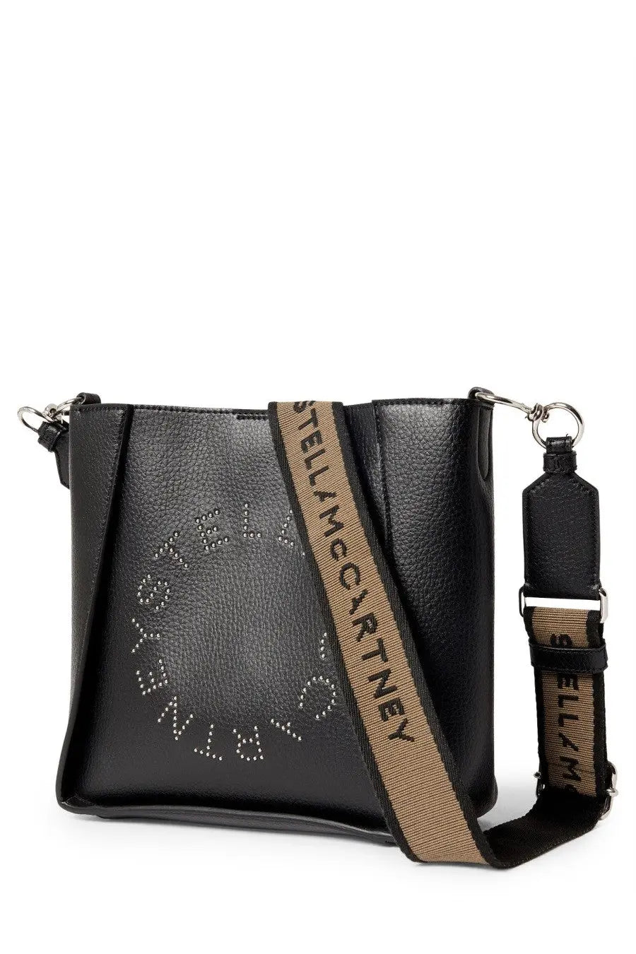 Stella McCartney women’s black leather crossbody bag with tan strap featuring repeating brand name and silver stud logo