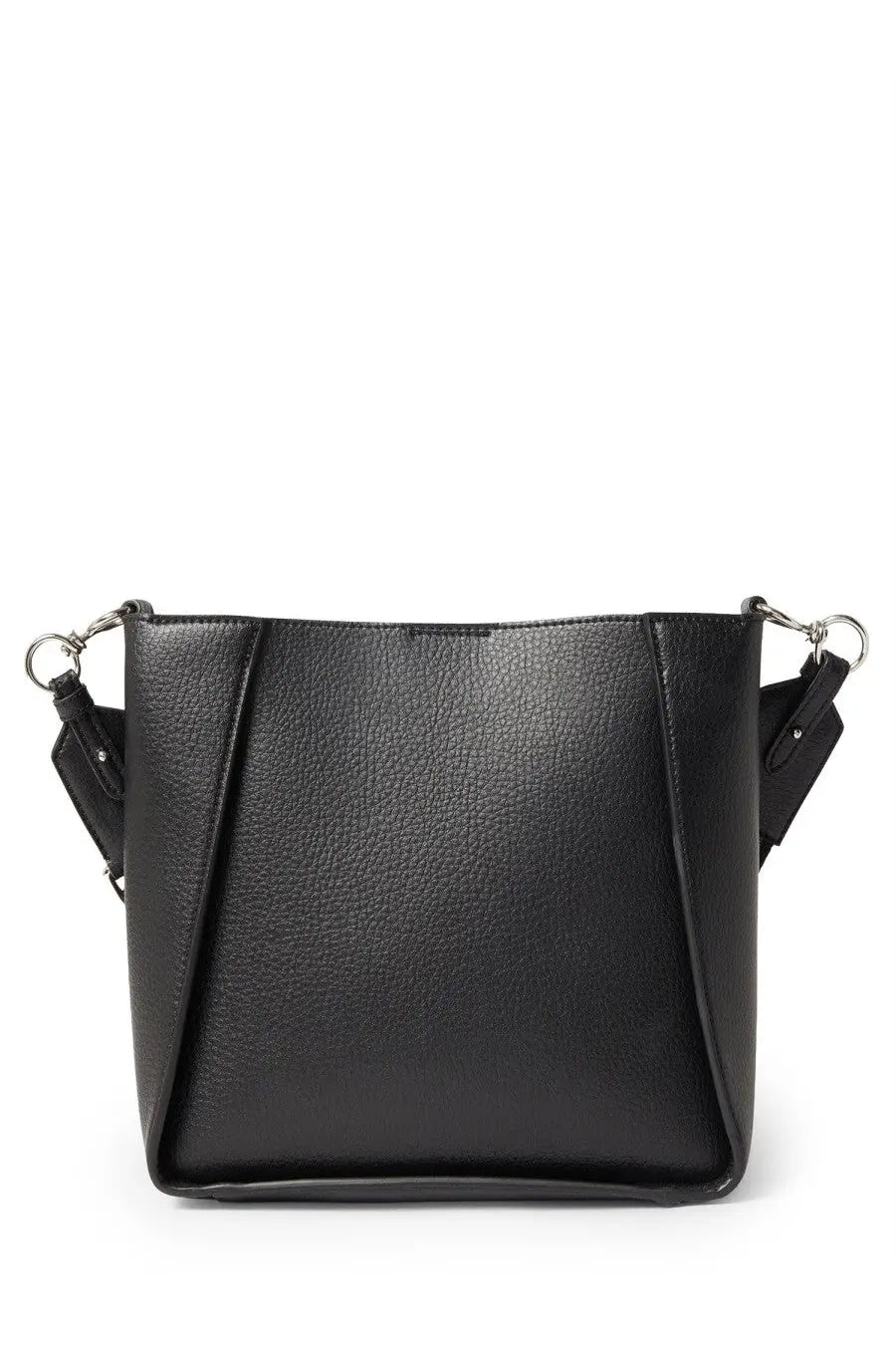 Stella McCartney women’s black bucket bag in pebbled leather with silver hardware and adjustable shoulder strap