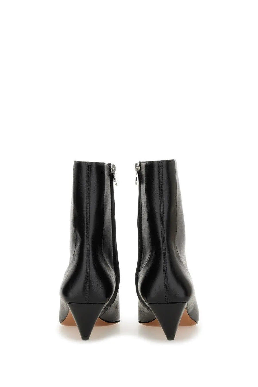 Stella McCartney women’s black leather ankle boots with sleek glossy finish and pointed heels