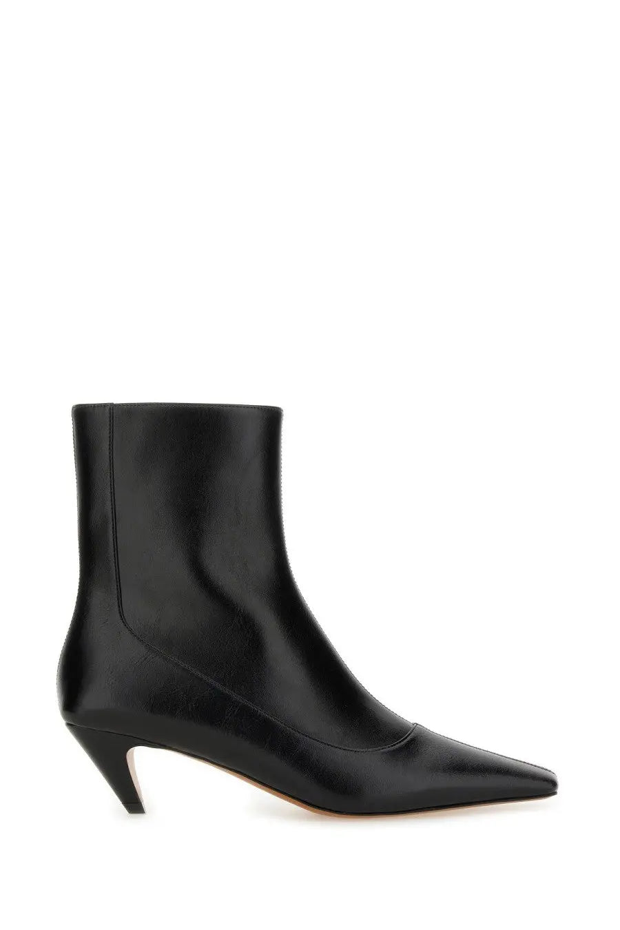 Stella McCartney women’s black leather ankle boot with pointed toe and low kitten heel
