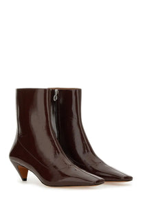Burgundy patent leather ankle boots with pointed toe and low block heel from Stella McCartney Women’s Boot Spur Red