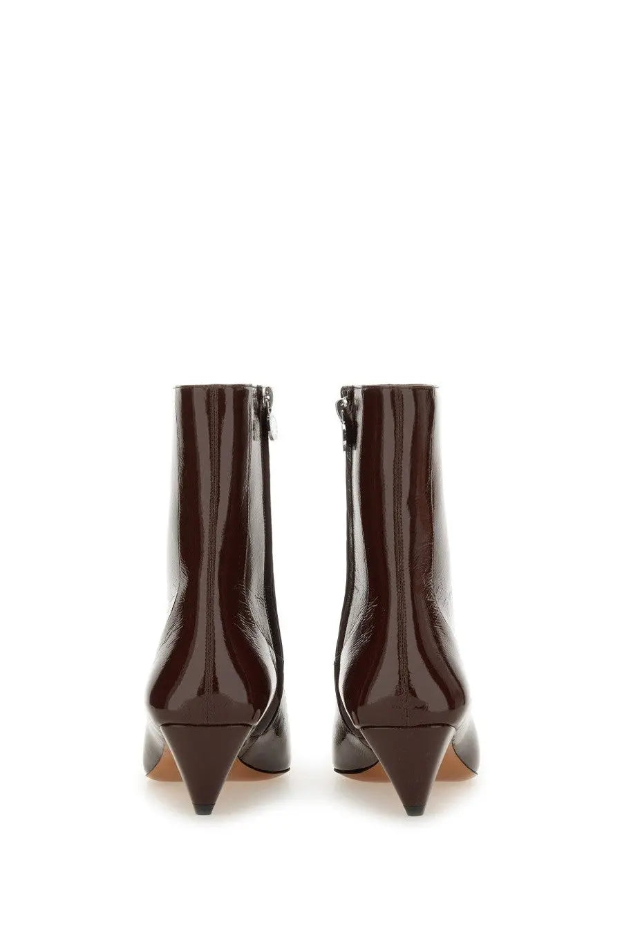 Stella McCartney women’s dark brown patent leather ankle boots with pointed toe and slender heel in boot spur red