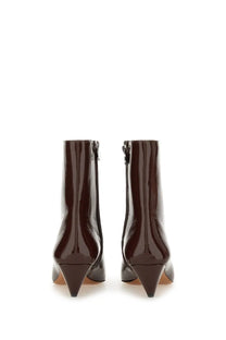 Stella McCartney women’s dark brown patent leather ankle boots with pointed toe and slender heel in boot spur red