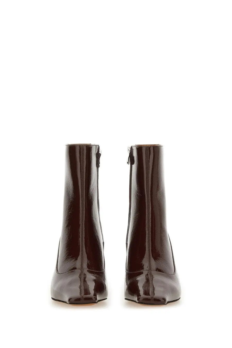 Stella McCartney women’s boot Spur red dark brown patent leather ankle boots with glossy finish and square toe design