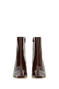 Stella McCartney women’s boot Spur red dark brown patent leather ankle boots with glossy finish and square toe design