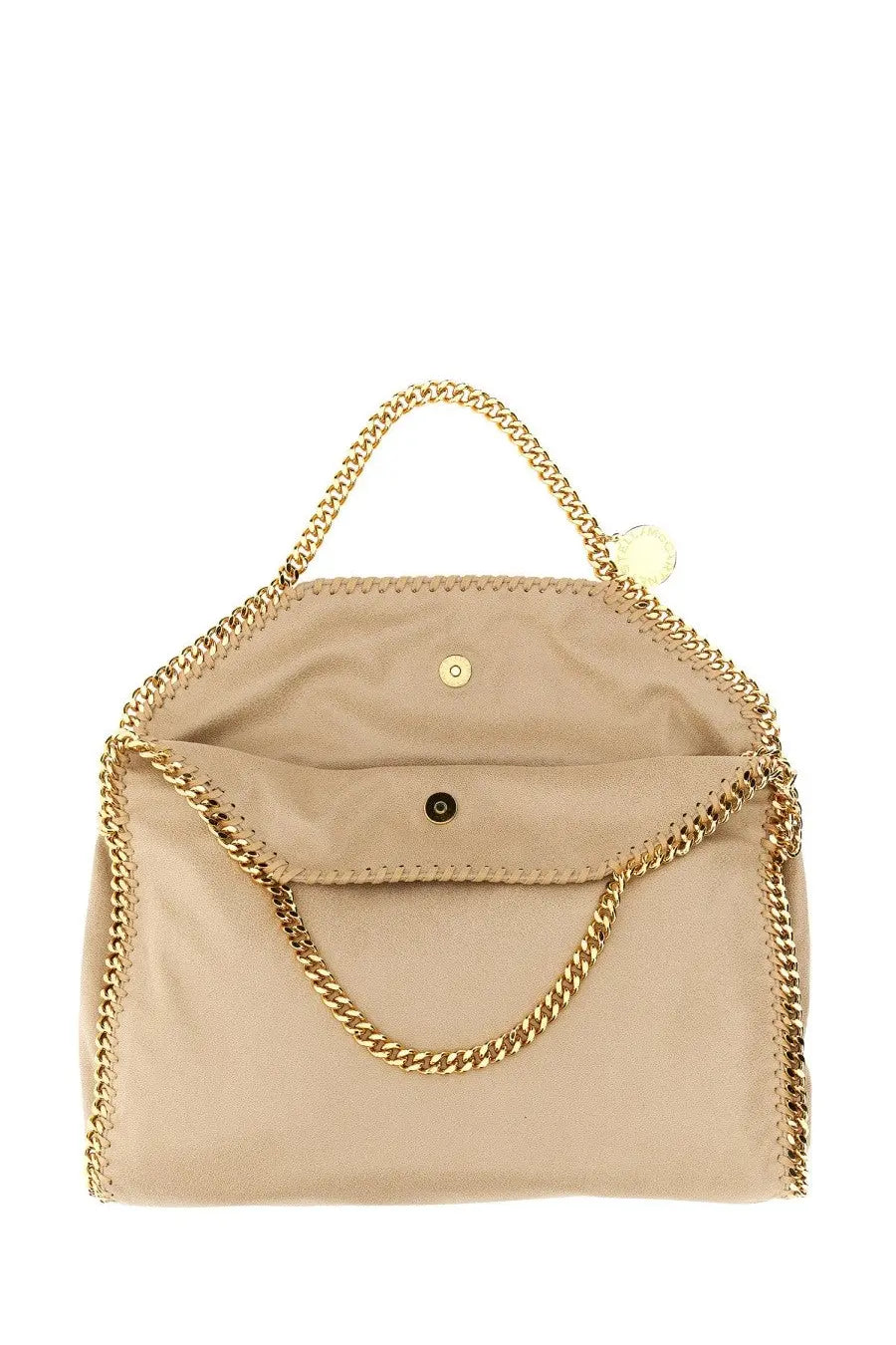 Stella McCartney women’s borsa falabella fold over beige leather handbag with gold-tone chain strap and stitched edges