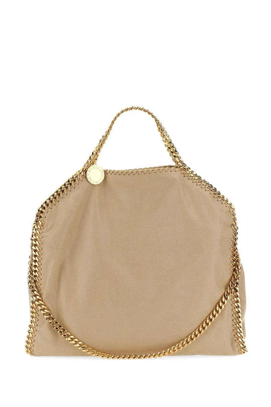 Beige leather Stella McCartney womens borsa falabella fold over tote bag with gold-tone chain and circular logo tag