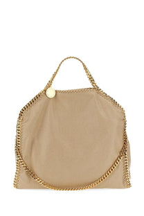 Beige leather Stella McCartney womens borsa falabella fold over tote bag with gold-tone chain and circular logo tag