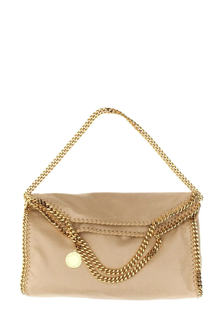 Stella McCartney women’s borsa falabella fold over beige handbag in suede with gold-tone chain strap and circular charm