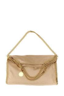 Stella McCartney women’s borsa falabella fold over beige handbag in suede with gold-tone chain strap and circular charm