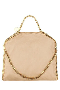 Stella mccartney beige suede borsa falabella handbag with gold-tone chain handles and detailed stitching