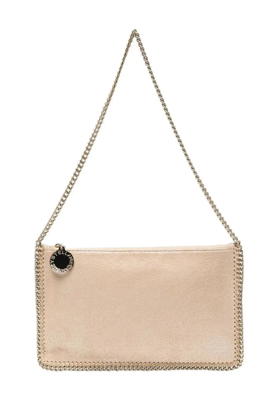Beige leather Stella McCartney womens borsa Falabella gold crossbody bag with silver chain strap and logo charm