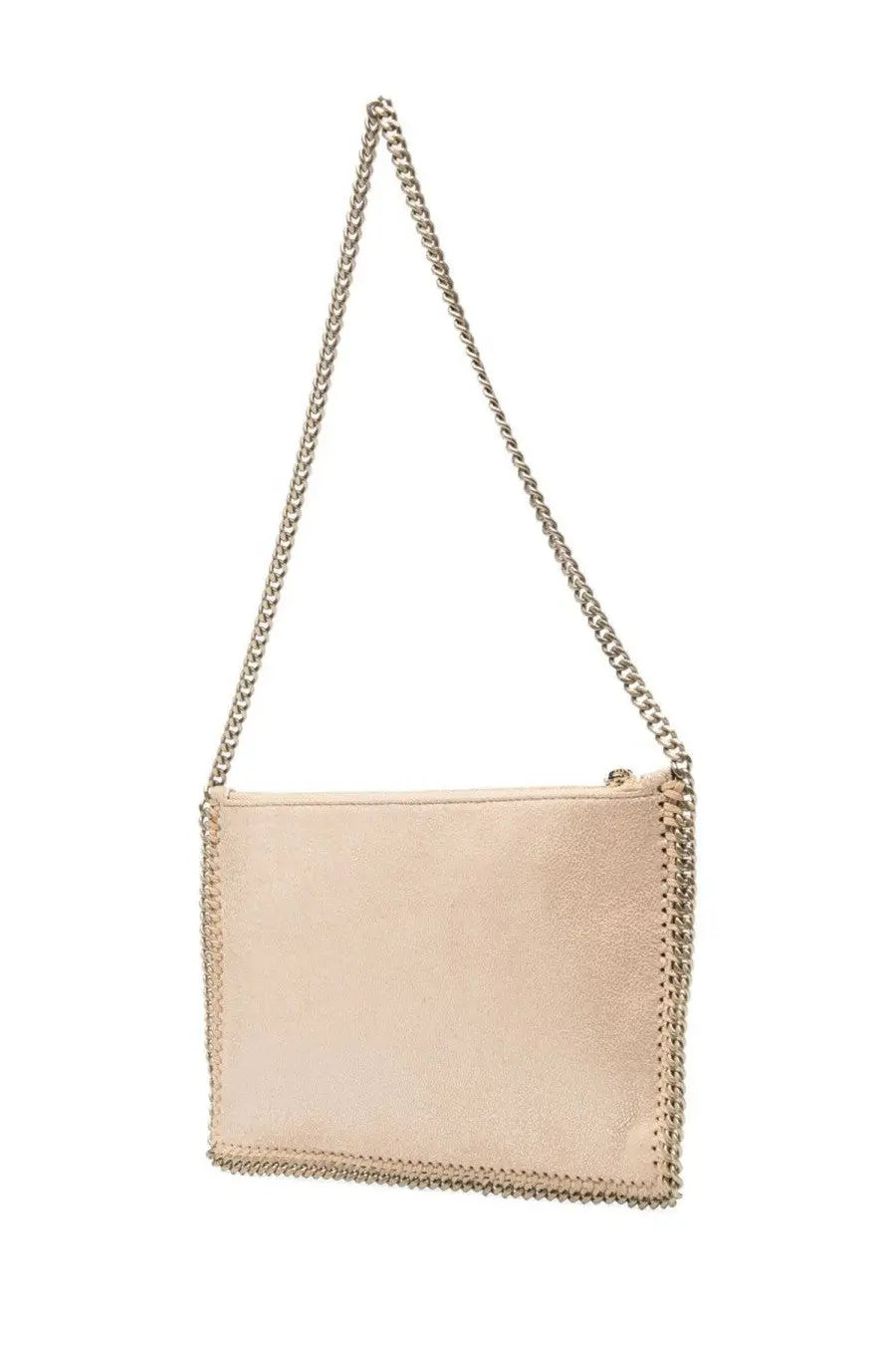 Beige leather stella mccartney borsa falabella gold crossbody bag with silver chain strap and decorative edge stitching