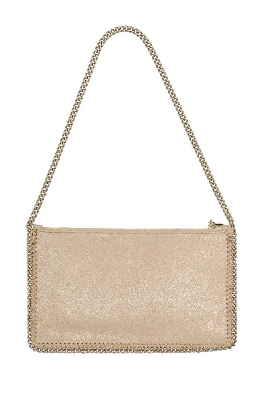 Beige metallic leather stella mccartney borsa falabella crossbody bag with chain strap and stitched edge detailing