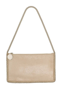 Stella McCartney women’s beige metallic leather falabella crossbody bag with chain strap and signature stitched edge