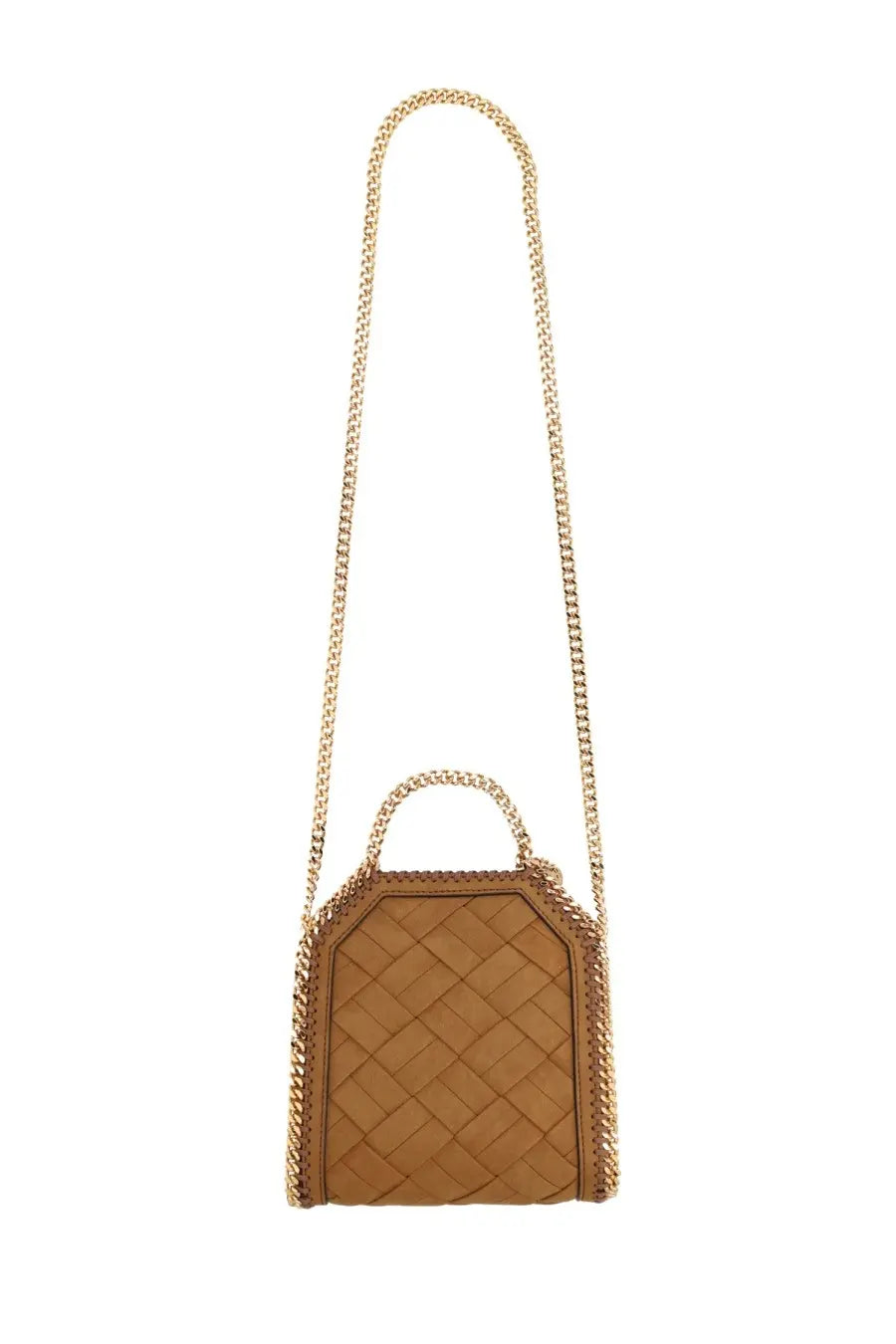 Stella McCartney women’s borsa falabella micro brown tan leather handbag with gold-tone chain strap and woven diamond pattern