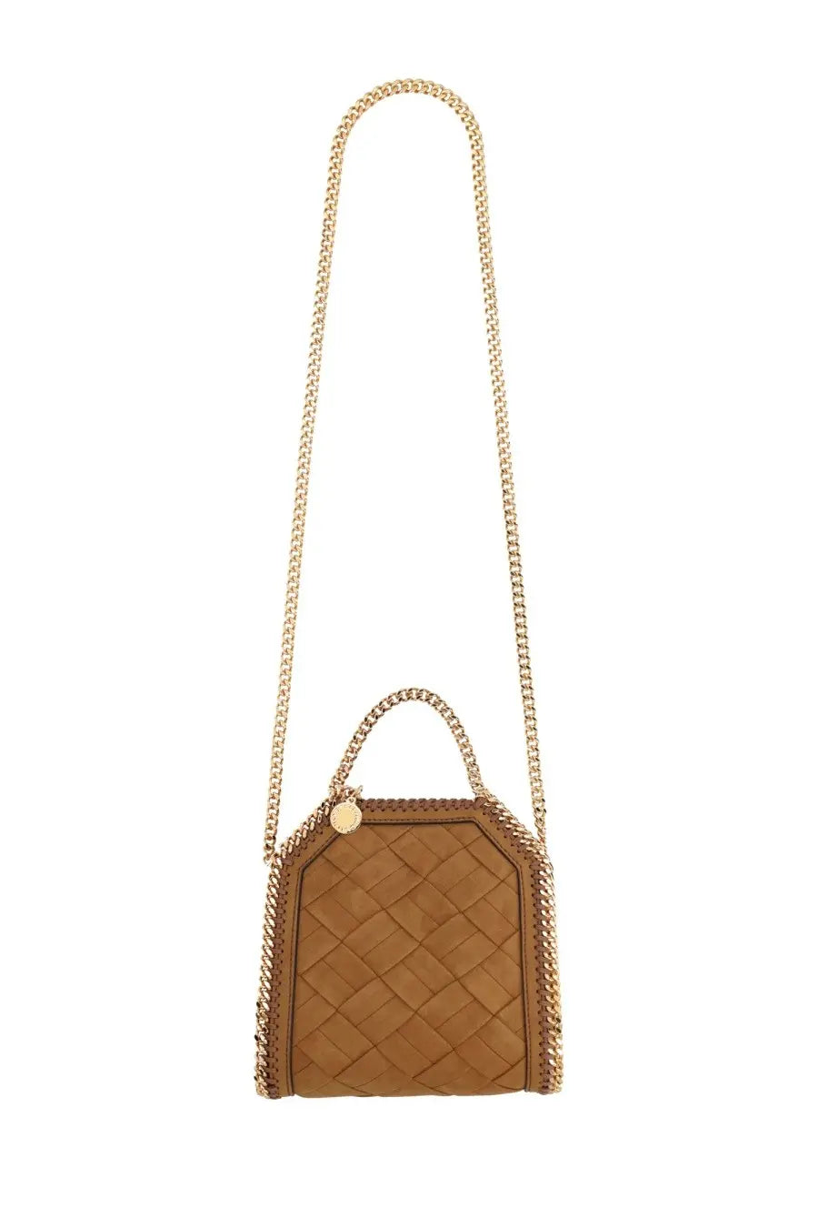 Stella McCartney women’s borsa falabella micro brown tan quilted leather handbag with gold-tone chain strap and handle