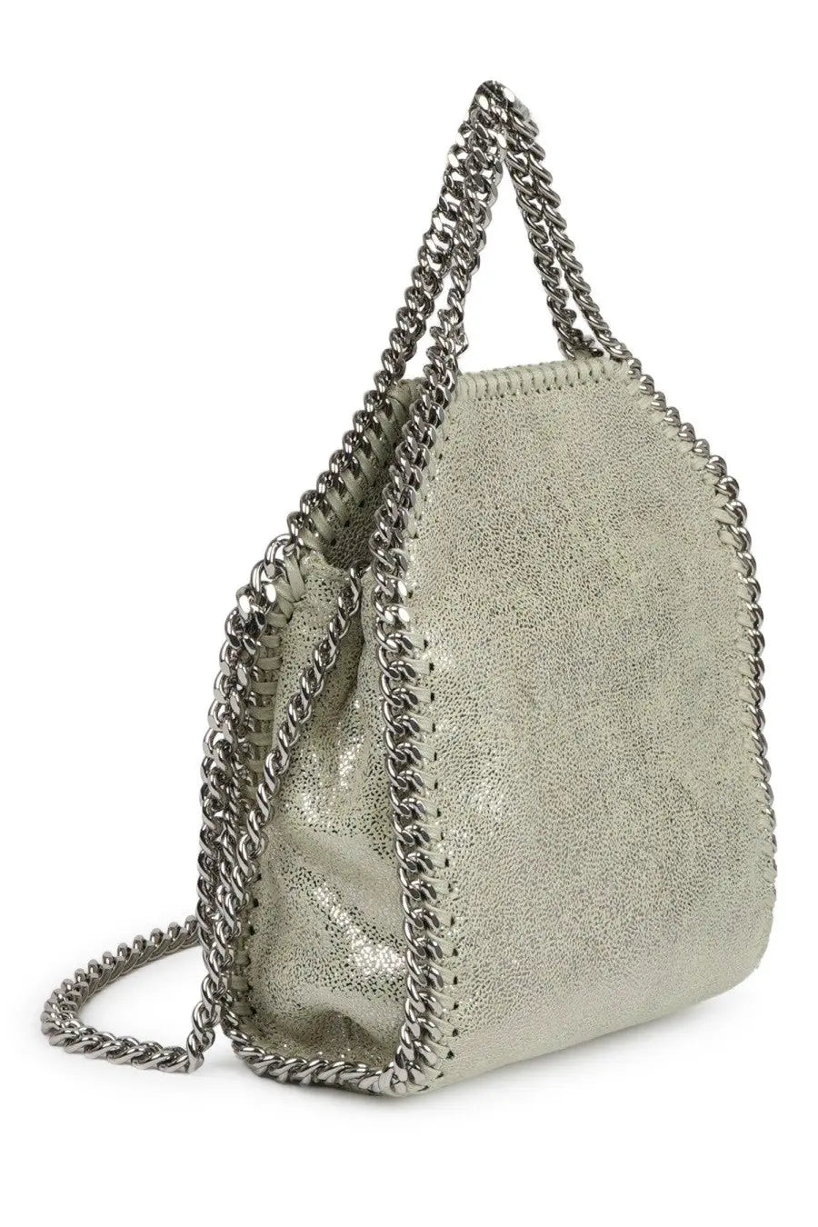 Stella McCartney women’s borsa falabella micro silver tote bag with silver metallic leather chain-link strap and stitched edges