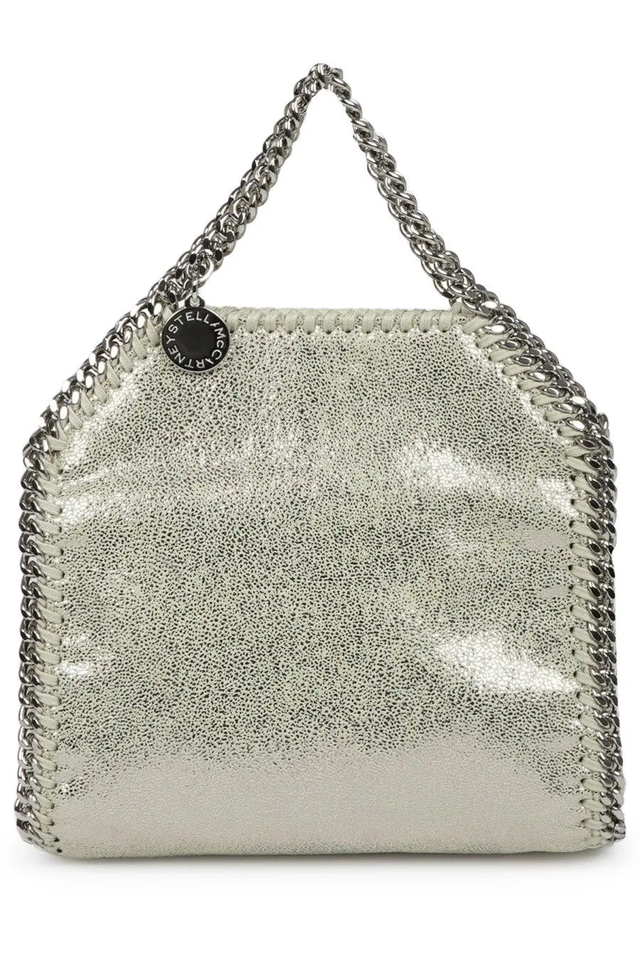 Stella McCartney women’s borsa falabella micro silver handbag with silver metallic textured pebbled leather and chain handles